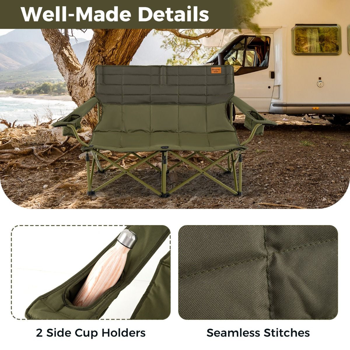 Oversized 2 Person Folding Camping Chair with Adjustable Armrests and Cup Holders