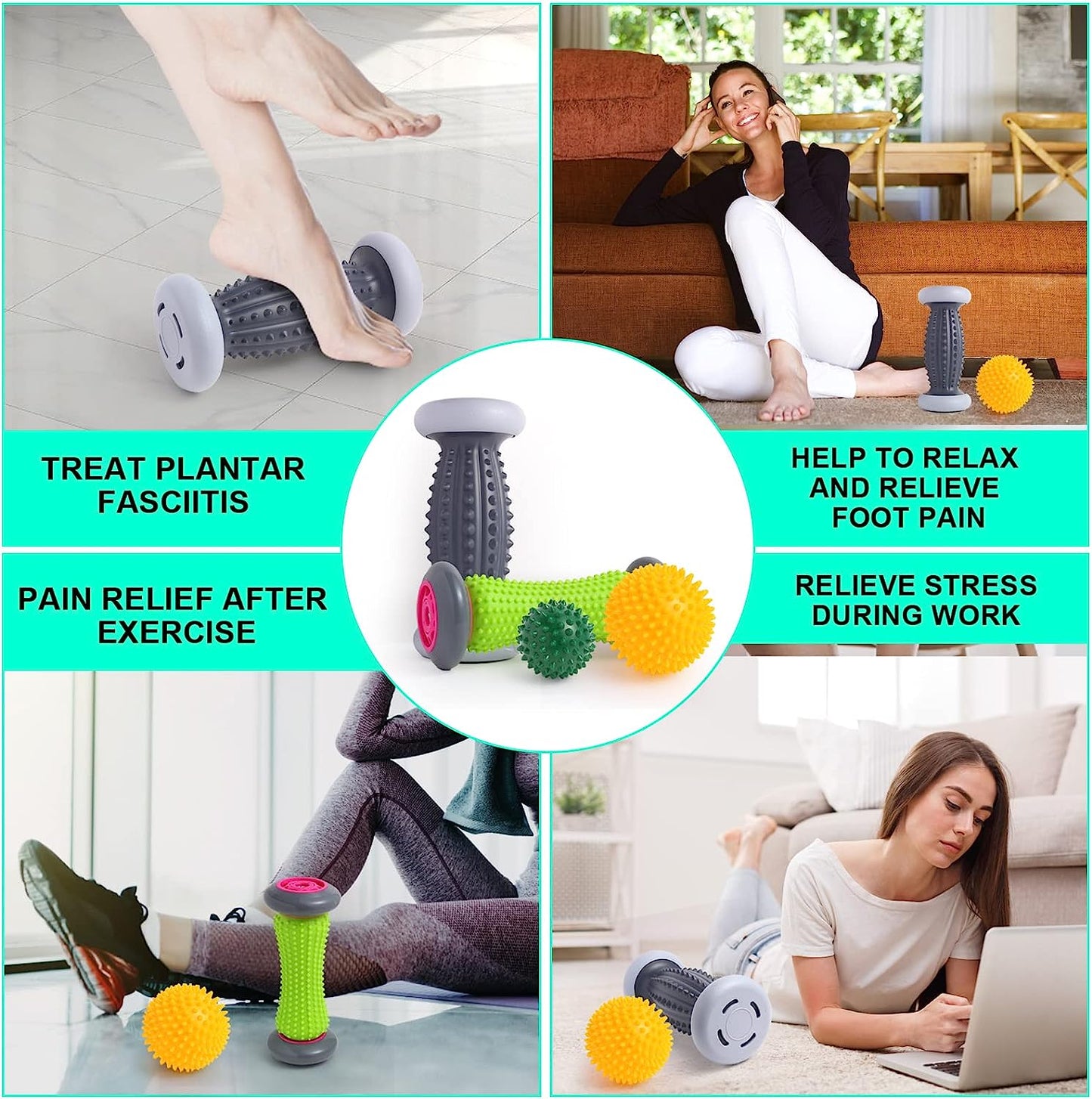 Foot Roller for Plantar Fasciitis and Neuropathy, Foot Massager for Plantar Fasciitis Relief, Neuropathy, Reflexology Tool - 2 Foot Massage Roller & 2 Foot Massage Ball(Green, Large)