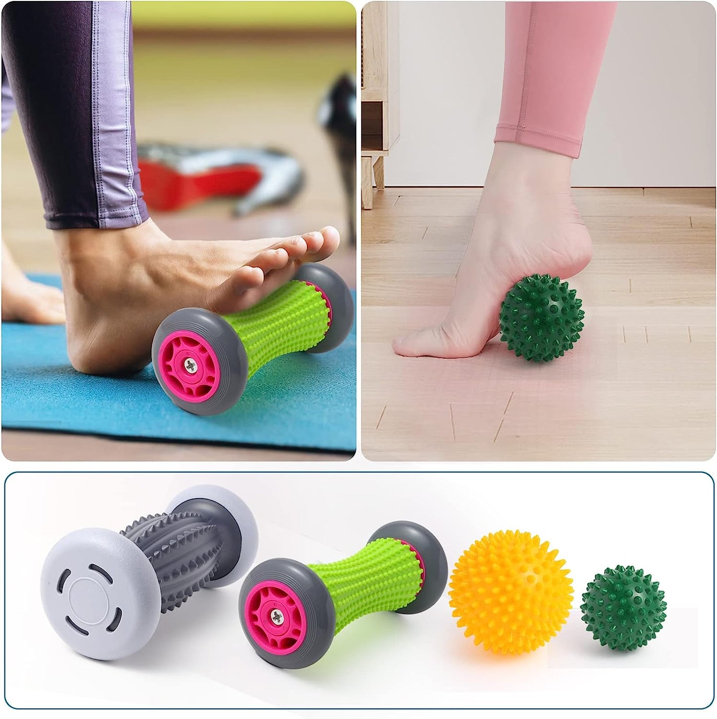 Foot Roller for Plantar Fasciitis and Neuropathy, Foot Massager for Plantar Fasciitis Relief, Neuropathy, Reflexology Tool - 2 Foot Massage Roller & 2 Foot Massage Ball(Green, Large)