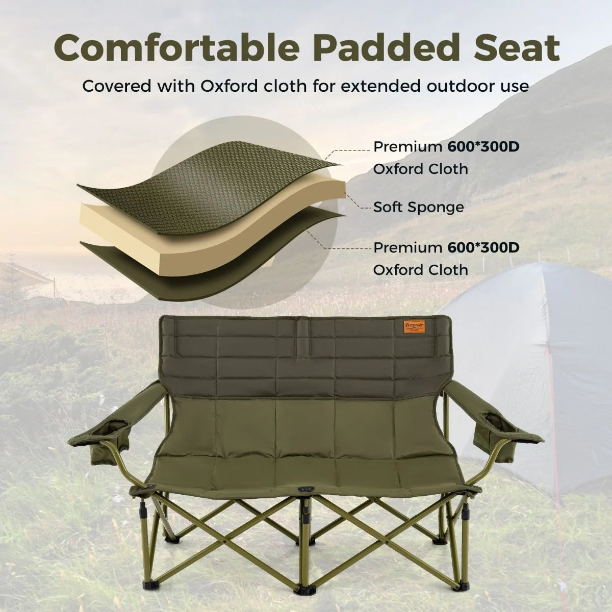 Oversized 2 Person Folding Camping Chair with Adjustable Armrests and Cup Holders