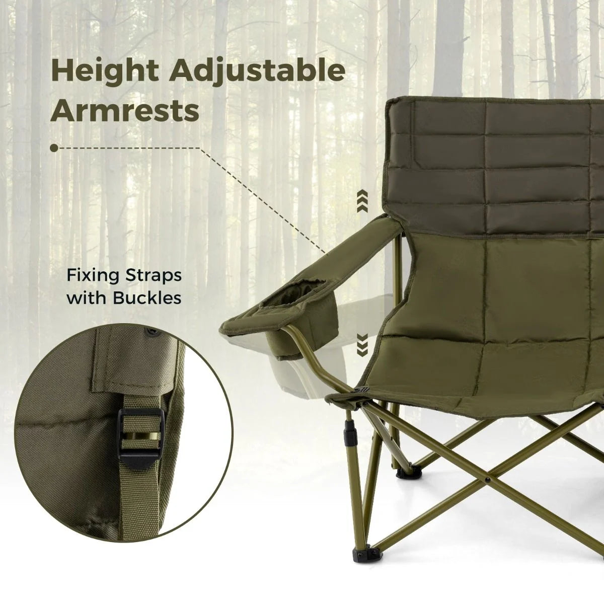 Oversized 2 Person Folding Camping Chair with Adjustable Armrests and Cup Holders