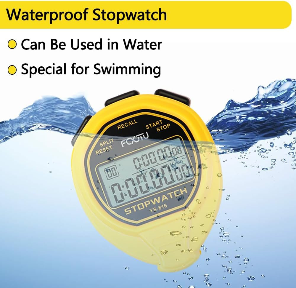 Digital Waterproof Stopwatch, 20Laps Split Memory Stopwatch, No Clock, No Alarm, No Calendar, Simple Silent Large Display Stop Watch for Sports Swimming Training Coaches