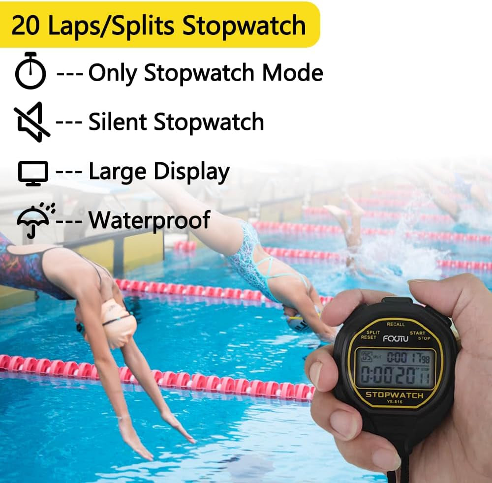 Digital Waterproof Stopwatch, 20Laps Split Memory Stopwatch, No Clock, No Alarm, No Calendar, Simple Silent Large Display Stop Watch for Sports Swimming Training Coaches
