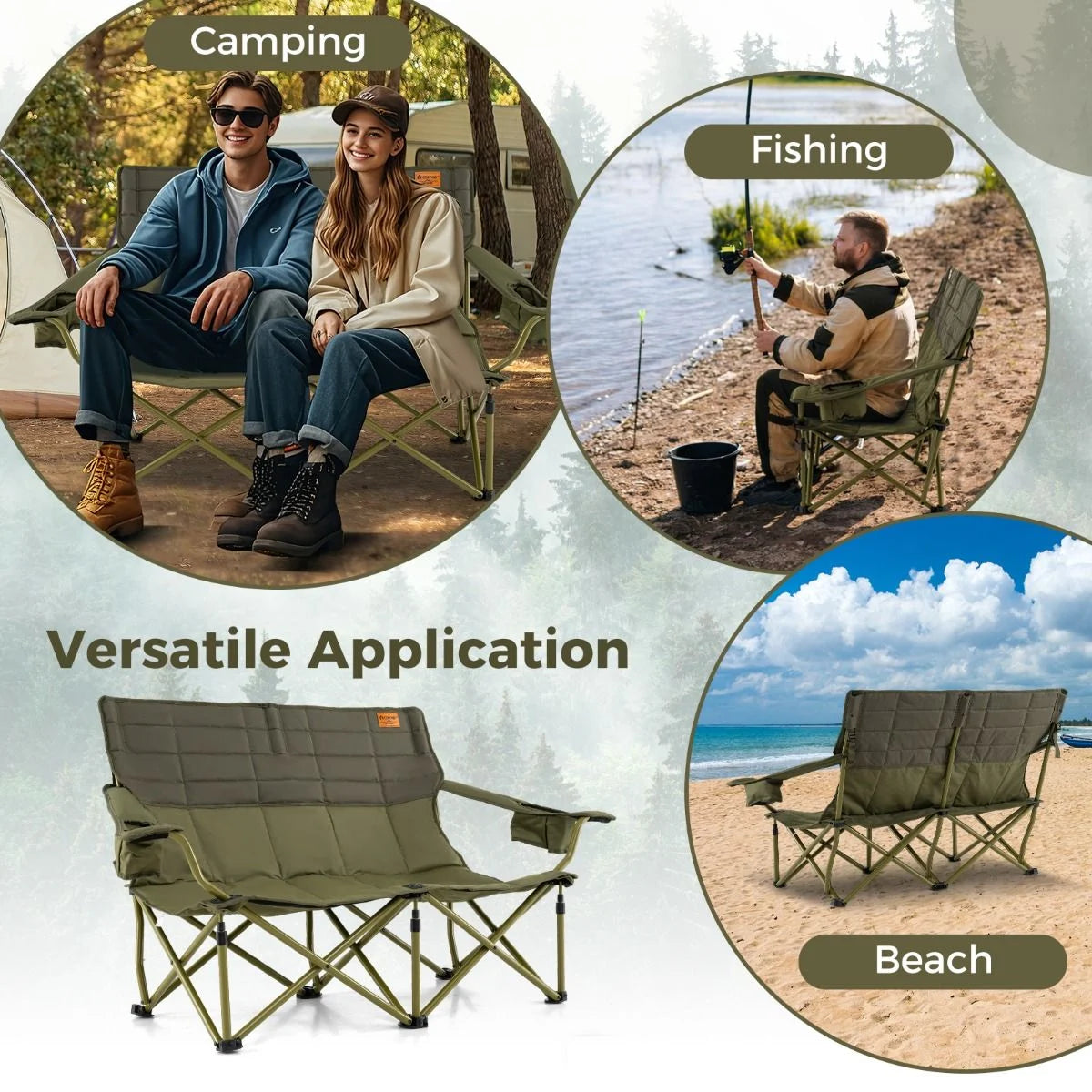 Oversized 2 Person Folding Camping Chair with Adjustable Armrests and Cup Holders