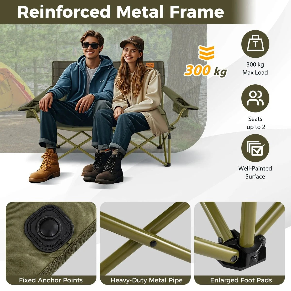 Oversized 2 Person Folding Camping Chair with Adjustable Armrests and Cup Holders
