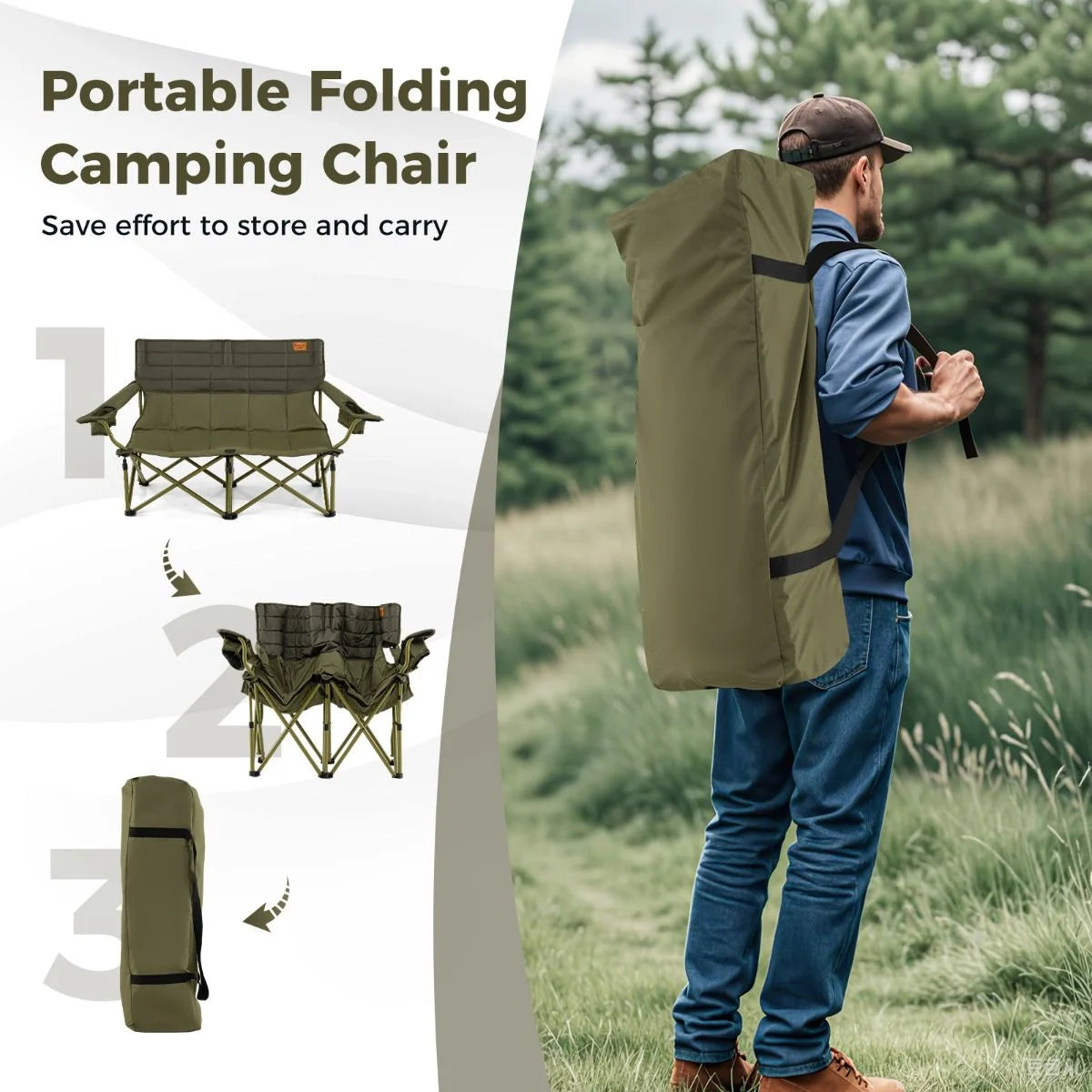 Oversized 2 Person Folding Camping Chair with Adjustable Armrests and Cup Holders