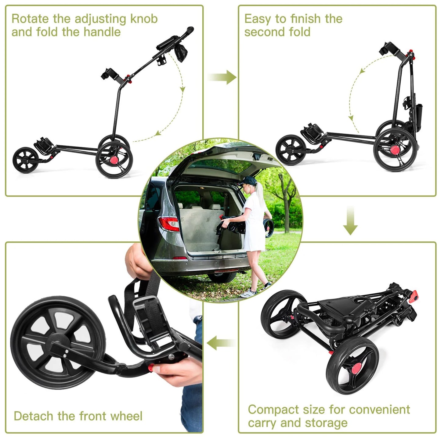 3 Wheel Folding Golf Push Cart with Adjustable Handle and Foot Brake
