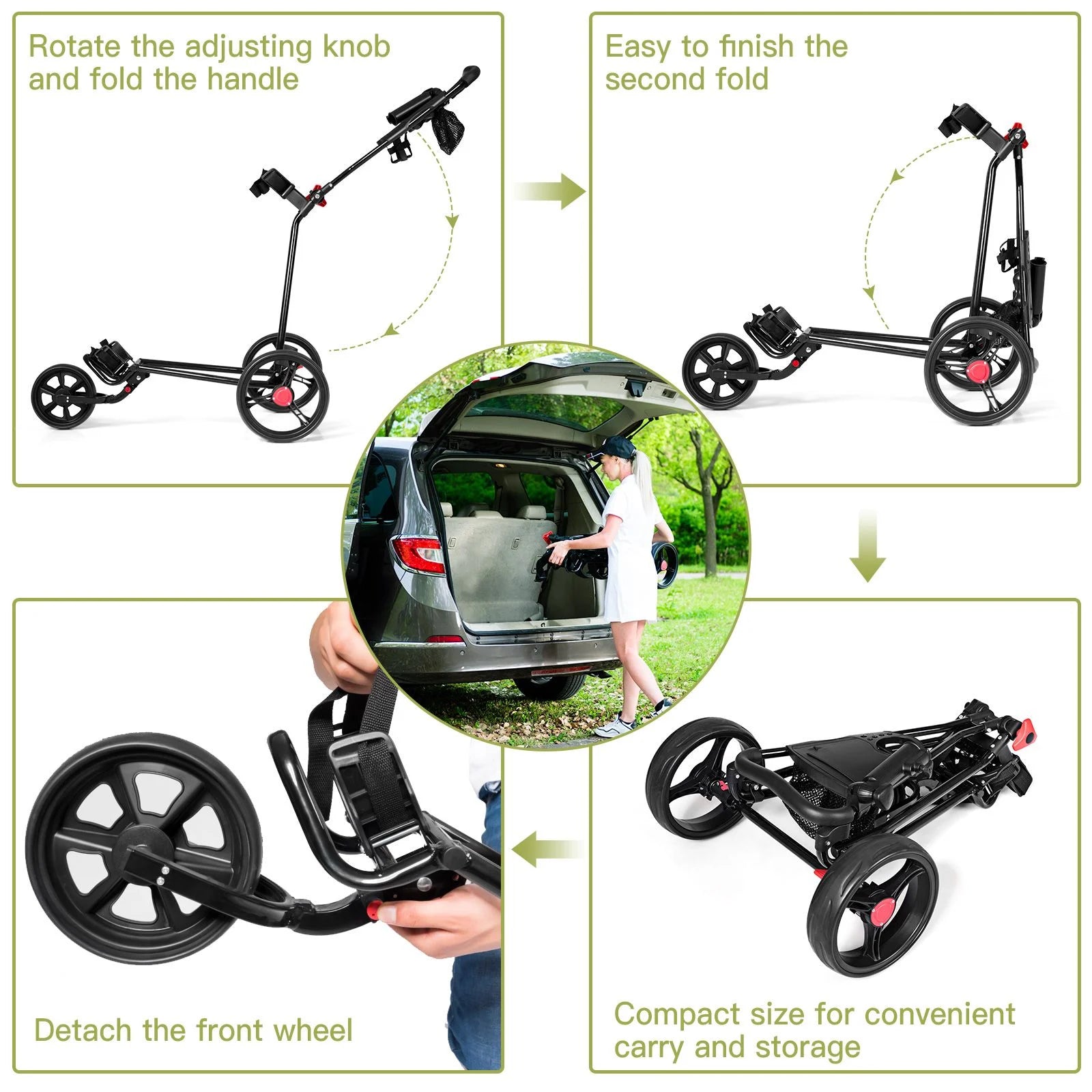 3 Wheel Folding Golf Push Cart with Adjustable Handle and Foot Brake