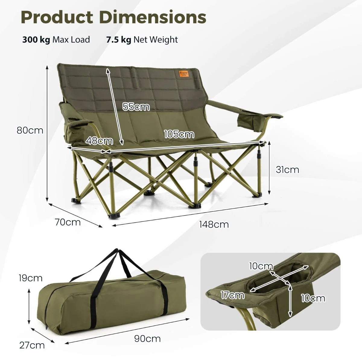 Oversized 2 Person Folding Camping Chair with Adjustable Armrests and Cup Holders